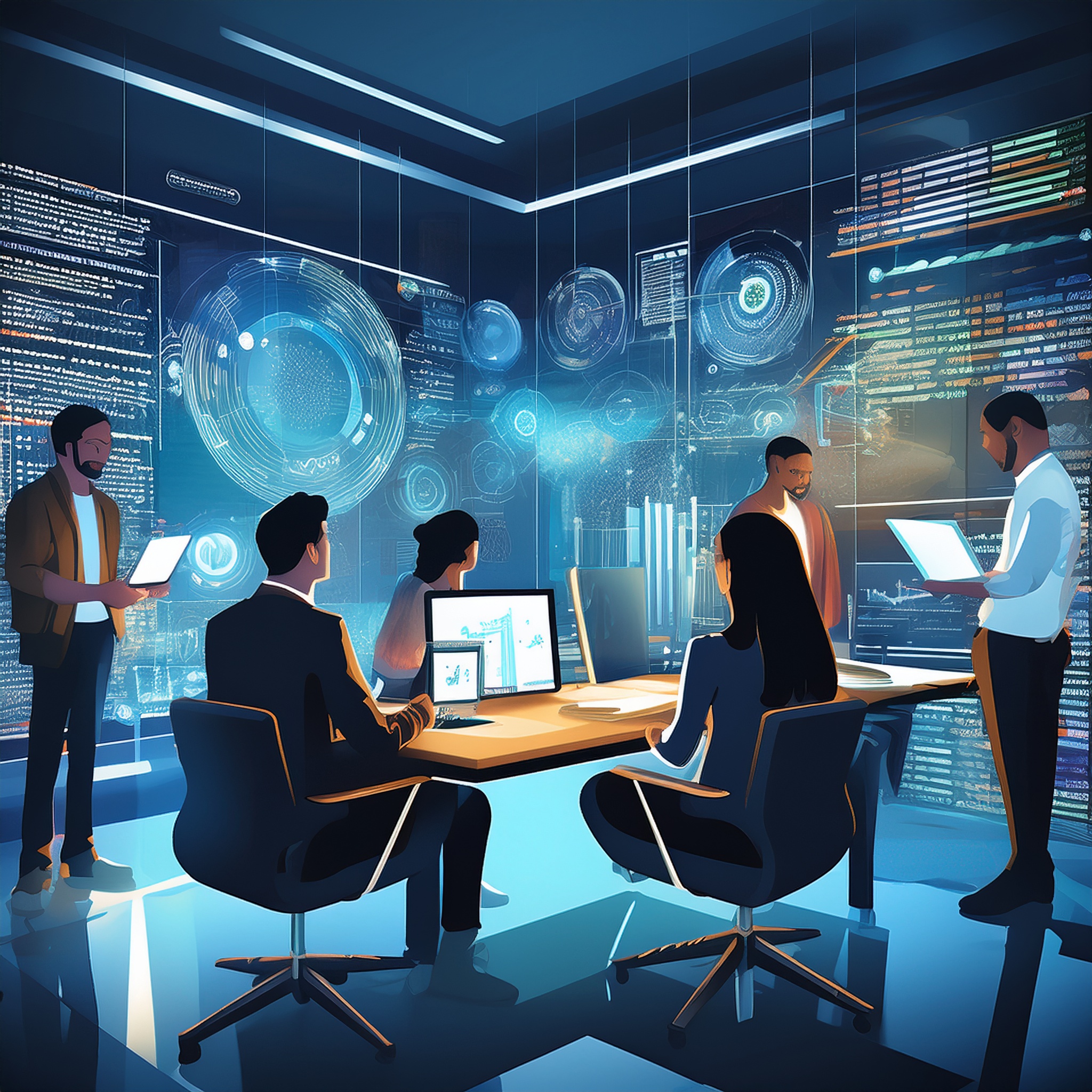 Team of digital marketing experts analyzing data on futuristic screens in a high-tech office